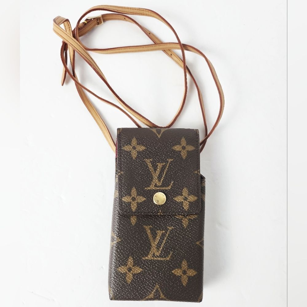 Louis Vuitton Signature Monogram Leather Phone Case Crossbody Bag Brown 5x2.75x1